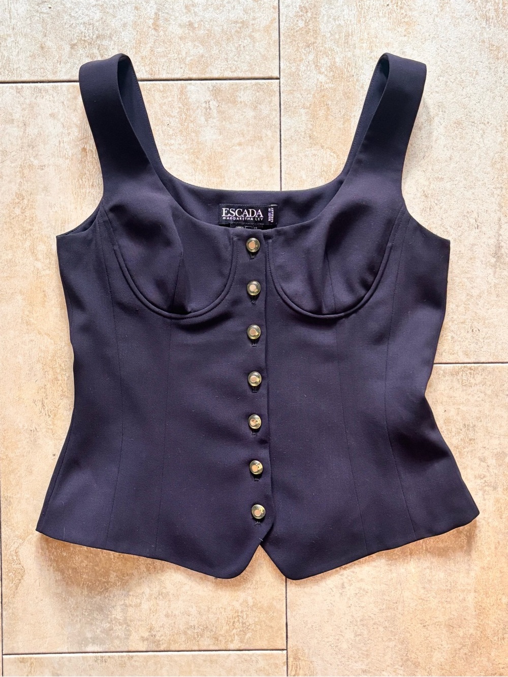Escada Vintage 90s Dark Navy Structured Bustier Top Sheer Wool - Size 36